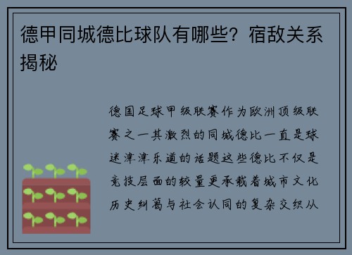 德甲同城德比球队有哪些？宿敌关系揭秘